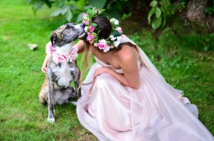 Dog's floral collar matches bridesmaid's flower crown
